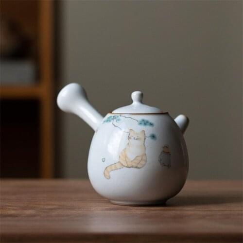 Ceramic Hand-painted Cute Cat Teapot Creative Porcelain Portable Tea Pot with Handle Chinese Tea Set Office Kung Fu Kettle