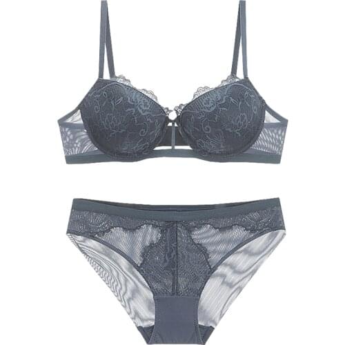 Womens Bra and panty Set Push Up Stretchy Hem Mesh Bra with Breathable Flank Padded Cup Underwire Sexy Lingerie Set For Women