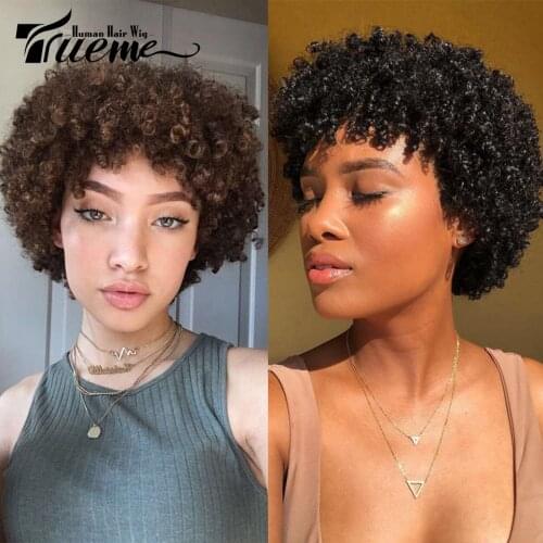 Trueme Kinky Curly Short Fashion Wigs For Black Women Brazilian Remy Kinky Curly Human Hair Cheap Full Wig
