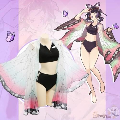 Demon Slayer Cosplay Kochou Shinobu Swimsuit with Quick Dry Cloak Swimwear Summer Suit No Yaiba Shinobu Swimwear Cosplay Outfits