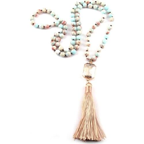 Fashion Bohemian Tribal Jewelry Empire Stone Knotted Square Crystal Link Tassel Necklace