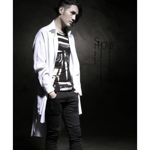 Men long shirt black white punk hip hop cloak blouse nightclub DJ singer hiphop stage costume men casual cape clothes 2018