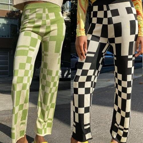New Korean Style Women Trousers Checkered Print Breathable Polyester Straight Long Trousers for Daily Wear Pants Women Plus Size