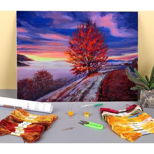 Landscape Autumn Fog Printed Fabric 11CT Cross-Stitch Full Kit DIY Embroidery DMC Threads Sewing Hobby Handiwork Mulina