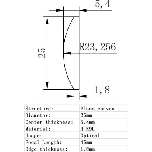 Plano Convex Lens Diameter 25mm Focal Length 45mm H-K9L Glass Lens Optical Glass Optical Lens
