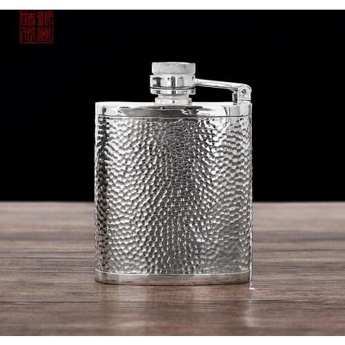 S999 Sterling Silver Specular Handmade Hammer Pattern Militray Kettle Portable Marching Wine Pot