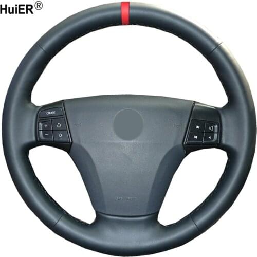 HuiER Hand Sewing Car Steering Wheel Cover Breathable Red Marker For Volvo S40 2006-2012 V50 2005-2011 Automobile Car Protector