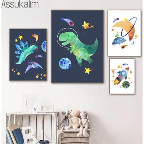 Rocket Prints Universe Planet Art Prnt Dinosaur Poster Nursery Wall Canvas Painting Nordic Wall Pictures For Boys Bedroom Decor