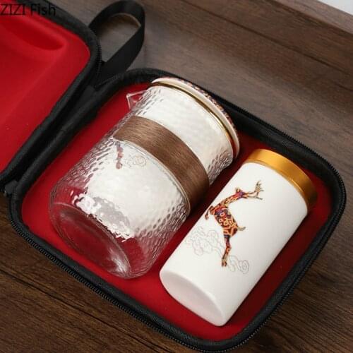 Hand-painted Ceramic Kung Fu Tea Set Glass Make Teapot One Pot and Three Cups Tea Caddy Portable Travel Tea Set Friends Gifts
