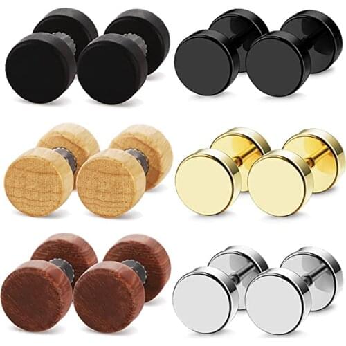 6 Pairs Stud Earrings Wood Stud Stainless Steel Stud Earrings for Men Women Ear Piercing Ear Plugs Tunnel