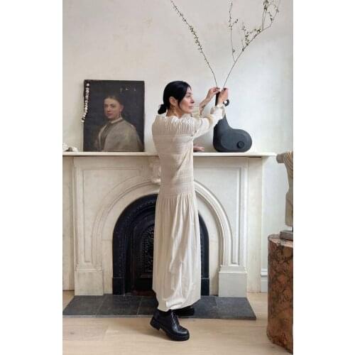 Modern Classic Beige White Khaki Recyle Smocked Midi Dress Slash Neck Long Flare Sleeve Silhouette Folded Lightweight Event Gown