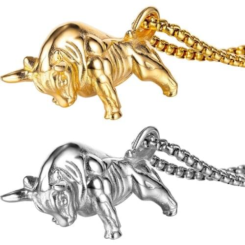 Vintage Stainless Steel Gold Color Bull Pendant Chain Necklace for Men Cattle Animal Male Jewelry Gift