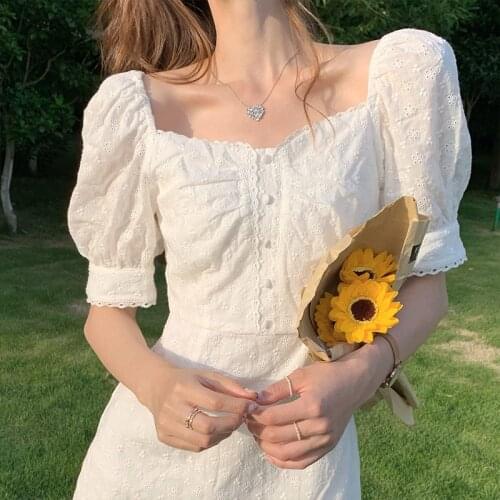 Vingate Embroidery Square Collar Elegant Lace Dress Women Summer 2021 Puff Sleeve Casual Floral Chic Dress Korean Button 15338