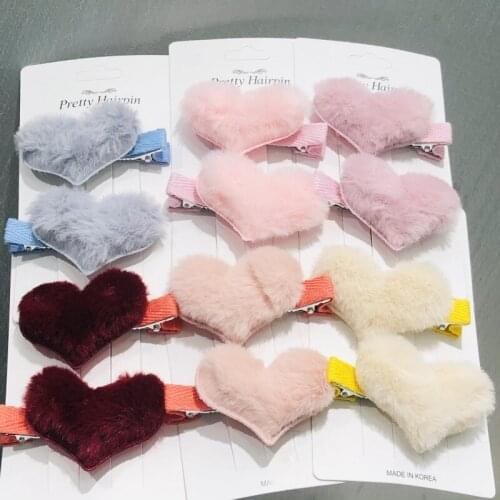 2Pcs/Set Girls Heart-shaped Plush Cloth Hairpins Children Sweet Hair Clip Barrettes Headband Kids Hair Accessories Headwear