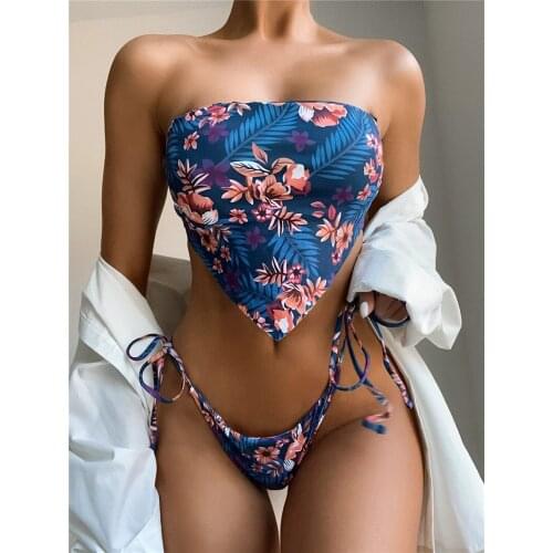 Women Sexy Swimsuits Bikini Set Summer Flower Printing Strapless Padded Bra and Thong Briefs 2 pieces Bathing Beach Swimwear