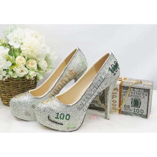 LoveinCrystal Womens High heels Fashion Dollars Money shoes and bag Ladies Pumps Round Toe Party dress shoes Thin heel big size