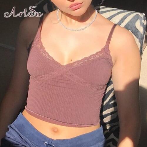 ArtSu Lace Cute Pink Crop Top Women Y2K E-girl Casual Sleeveless Spaghetti Strap Top Tee Sexy Backless Camisole 2020 ASVE52154