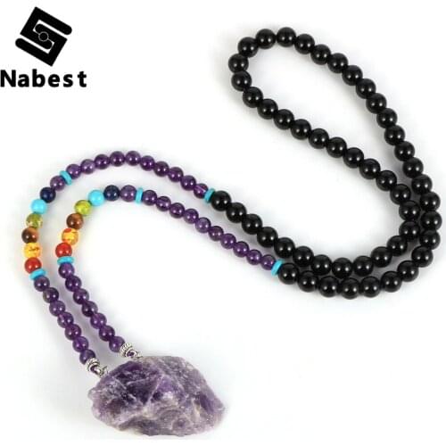 Women Natural Gem Stone Irregular Amethysts Pendant Necklace Purple Quartz 7 Chakras Beads Strand Healing Reiki Lucky Jewelry