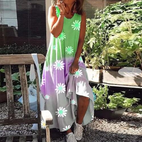 Hillsionly Plus Size Women Summer O-neck Floral Gradient Casual Print Loose Sleeveless Long lose Dress Maxi Dress For Women 2021