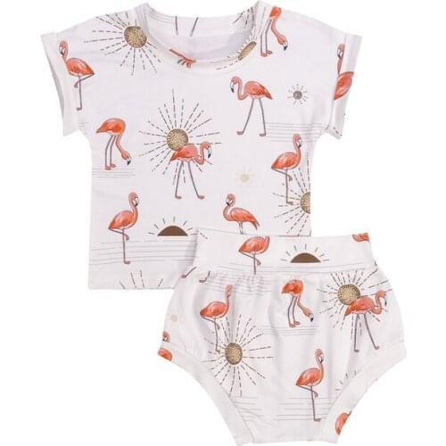 2021 Kids Girls Suit Set Flamingo Print Round Neck Short Sleeve T-Shirt+ Shorts Summer Newborn Baby Clothing Set Outfits