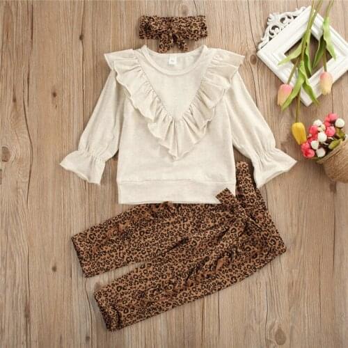 3pcs Baby girls Clothes Toddler Baby Girls Ruffle Sweatshirt Leopard Pants Outfits Girls Clothes Suit Casual Clothing Set 1-5y