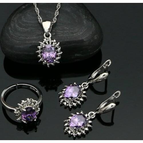 Amethyst Jewelry Set 925 Sterling Silver Ring Chain Earring Pendant Valentines Day Gift Romantic Accessories for Girlfriend
