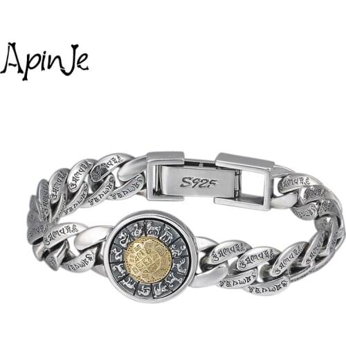 Apinje 925 Sterling Silver Bracelet Six Words Mantras Vajra Zodiac Buddha Lucky Vajra Vintage Bracelets Gothic Men Jewelry