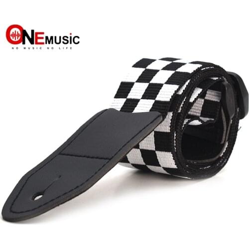 Black White Little Square Design Guitar Strap Tape Acoustic Bass Electric Checkered Nylon Real Leather Ends