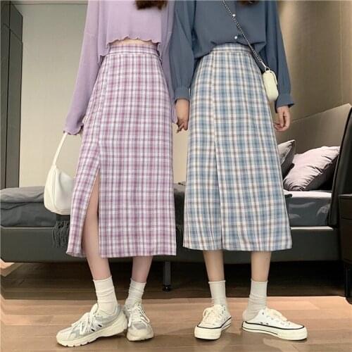 Long skirt Split plaid skirt female spring 2021 new skirt high waist Korean mid-length package hip skirt