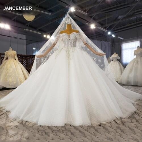 HTL2157 Shiny White Flower Print Pattern Elegant Bridal Gown Wedding Dress Metal Sequins Transparent Lace Wedding Skirt