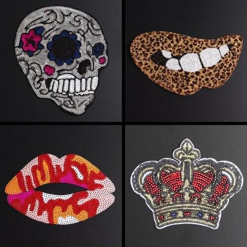 Fashion Sequins Embroidered Red Sexy Mouth Patches for Clothing Sewing Flower Skull Crown Clothes Decor