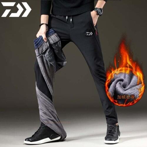 Daiwa Mens Winter Fleece Fluff Thicken Warm Outdoor Casual Pants Men Straight Elastic Thick Plaid Cotton Fishing Male Trousers