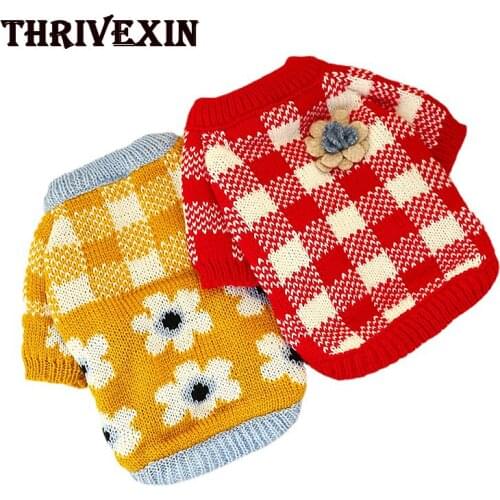 Dog Sweater Red Yellow Winter Soft Comfort Pet Coat Clothing Red White Plaid Sweater With Flower For Small Puppy Clothing