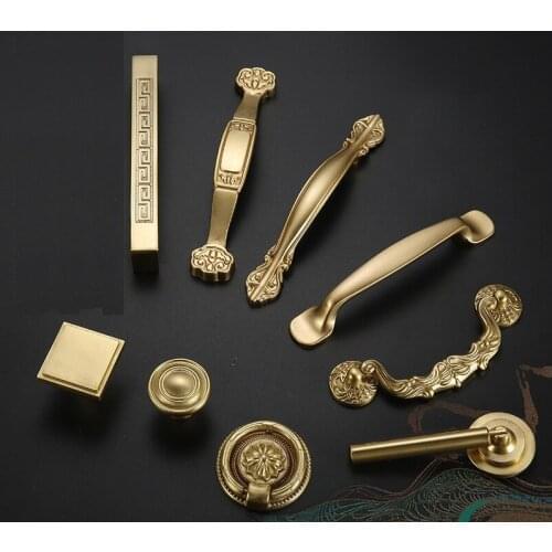 Solid Copper Cabinet Handles Kitchen Cupboard Door Pulls Drawer Knobs European Vintage Brass Gold Furniture Handle Hardware