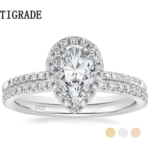 TIGRADE 925 Sterling Silver Wedding Band Teardrop Bridal Rings Sets Halo Cubic Zirconia Solitaire Engagement Ring For Women Size