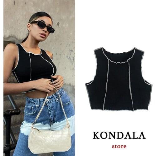 KONDALA Za Streetwear Chic Black Women Tank Tops Fashion 2021 Sleeveless O Neck Cropped Tops Mujer Y2K Sexy Short Girl Tops