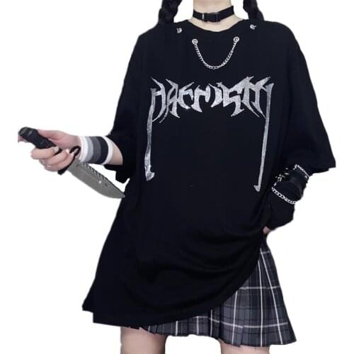 2021 New Summer Harajuku T Shirts Womens Punk Gothic Letter Diamonds T-shirt O Neck Patchwork Chain Street Hip Hop Casual Top