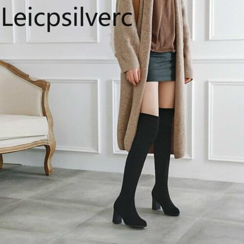 Womens Boots Autumn And Winter New fashion Round head zipper Thick heel mid heel Womens Over the knee boots plus size 32-45