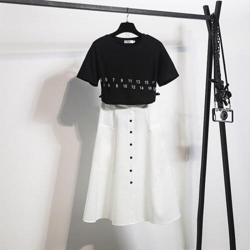 2020 Summer New Casual Tshirt Skirt Sets Women Black Letter T-shirt+white Single-breasted Long Skirts Two Piece Set