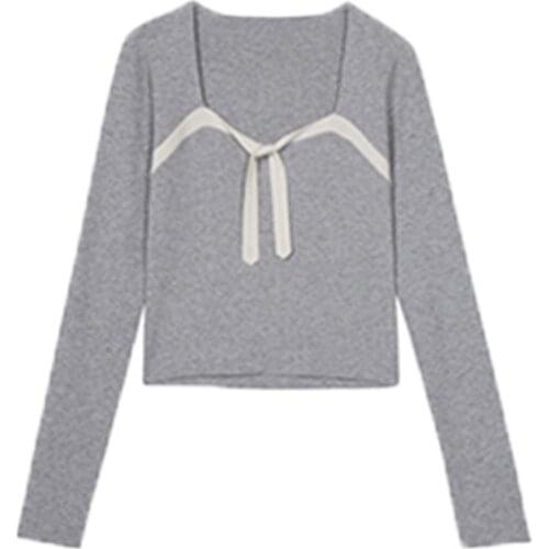 Womens 2021 new fashion, early autumn French temperament, bow-knot slim thin knit sweater, square neck slim-fit inner top