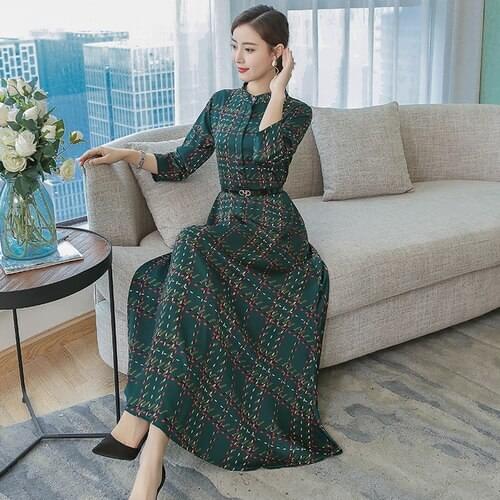 2019 Spring Full Sleeve Green Office Lady Plaid Women Dress Chiffon Fashion Midi Long Dresses Woman Elegant Feminine Clothes