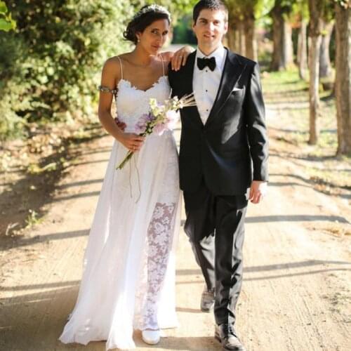 Sexy Bohemian Lace Beach Wedding Dress 2020 Romantic Chiffon Spaghetti Straps Backless Boho Vestido De Noiva Summer Bridal Gowns