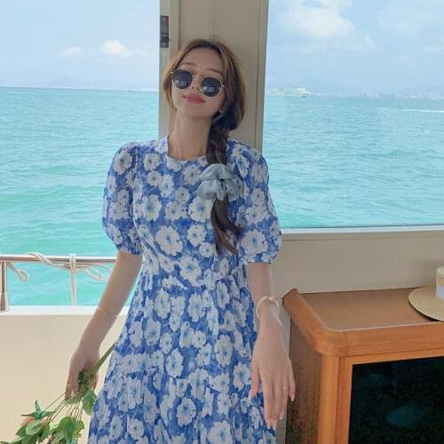 Bella 2021 New Women Flower Pattern O Neck Short Puff Sleeve Dress Female High Waist A Line Korean Sweet New Chic Robe Femme