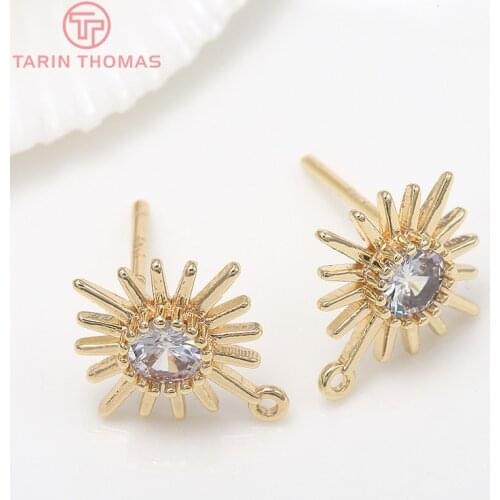 4PCS 12x12MM Hole 1MM 24K Gold Color Brass with Zircon Flower Stud Earrings High Quality Diy Jewelry Findings Accessories