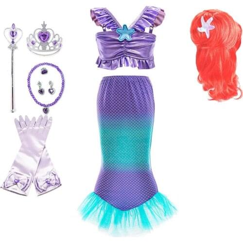 3 Packs Little Mermaid Dress Kids Summer Beach Ariel Bikini Swimming Tail Clothing Set Children Birthday Party Princess Dress