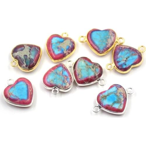 3pcs Emperor Stone Heart Shape Natural Stone Pendant Two-Hole Connector Exquisite Charms Jewelry Making DIY Necklace Accessories