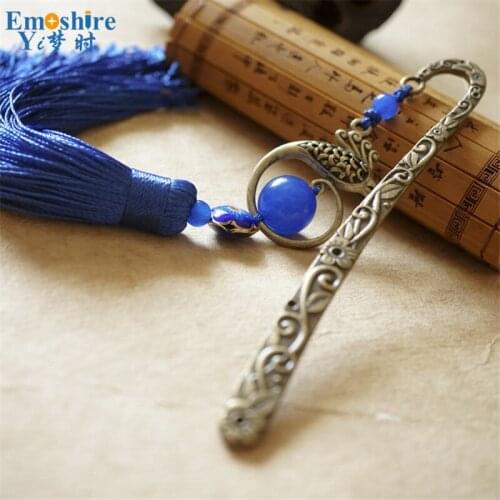 Hollow Out Pattern Blue Hairpin for Chinese Women Unique Design Luxury Bookmarks with Tassel Metal Bookmarks Gift Book Mark M182