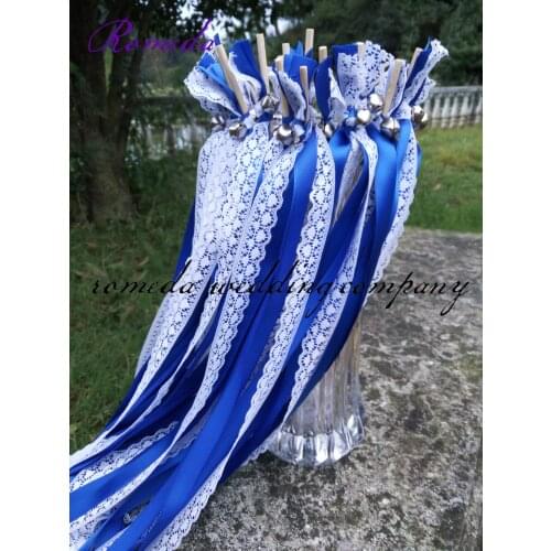 FREE SHIPPING--50pcs of Stye D LACE Dark blue and light blue Ribbon Wands, Twiring Stream Ribbon Sticks Wands with Bells