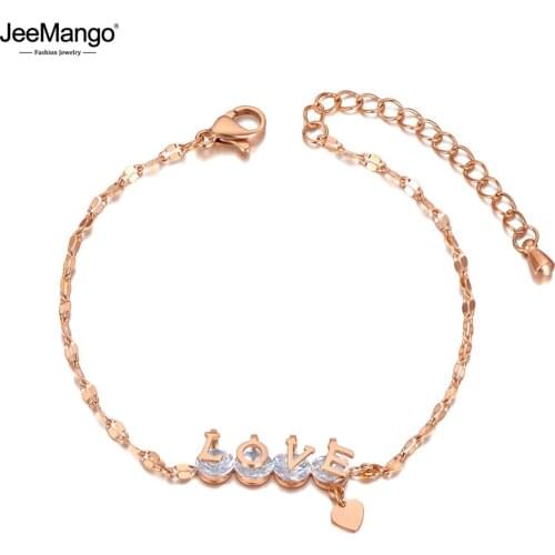 JeeMango Titanium Stainless Steel Love Heart Charm Bracelets For Women Trendy CZ Crystal Chain Link Bohemia Jewelry JB20082