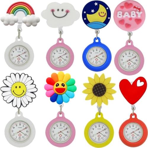 Lovely Colourful Retractable Smile Love Heart Rainbow Sunflower Nurse Doctor Hospital Clips Pocket Hang Quartz Watches Clock